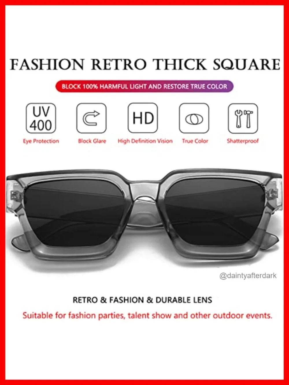 Square Thick Frame Sunglasses Acetate Retro Designer Style UV Protection